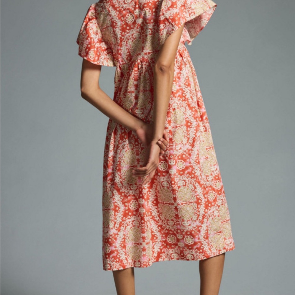 Maeve Coral and Beige Patterned Midi Dress - Picture 2 of 10